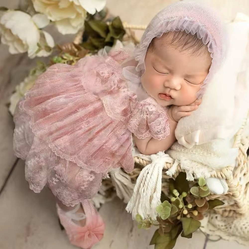 Blush Pink Lace Newborn Outfit with Bonnet & Shoes – Baby Girl Photography Prop